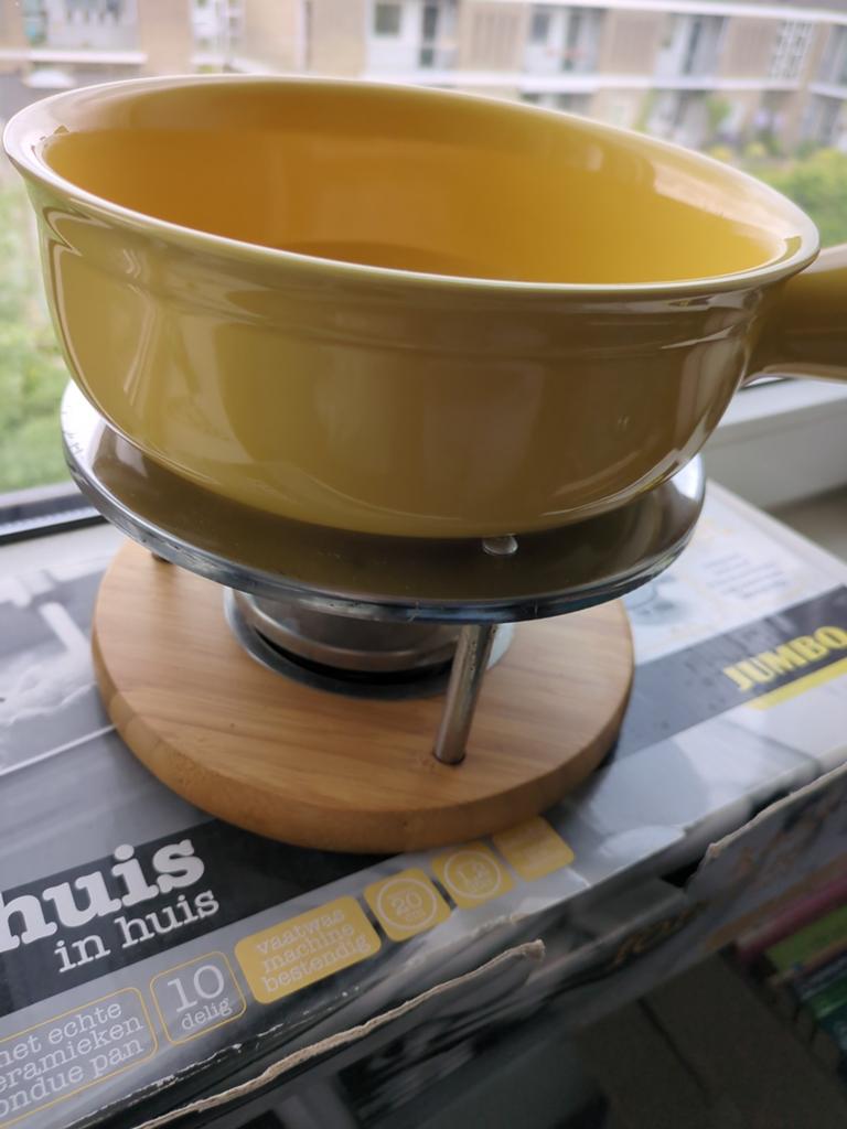 Gele keramische fondueset, Ophalen of Verzenden, Zo goed als nieuw, Brander, Fondueset