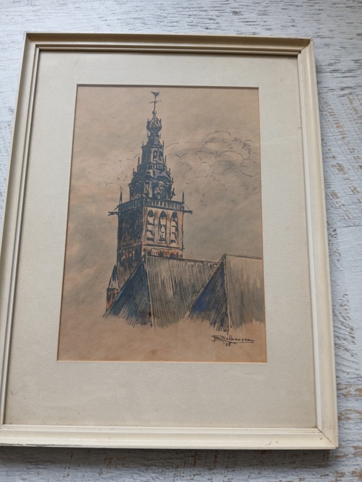 Stevenskerk toren Nijmegen - Tekening uit 1958, Ophalen of Verzenden, Tekening, Pentekening, Ingelijst