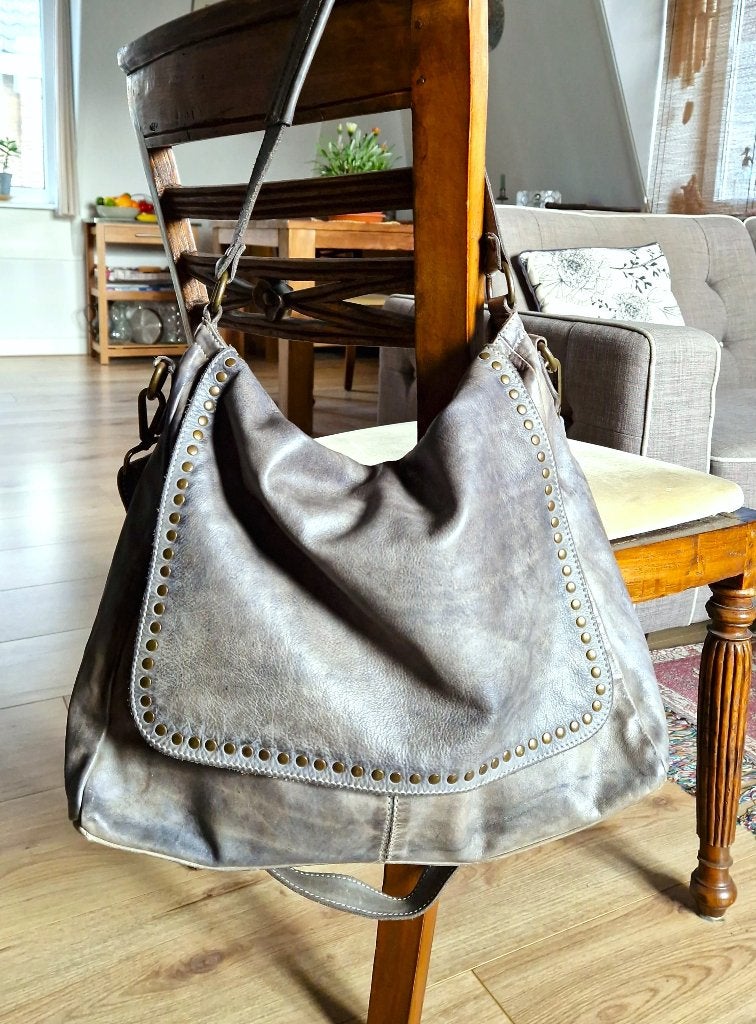 Italiaanse leren tas blauwgrijs nieuw, Verzenden, Nieuw, Grijs, Handtas