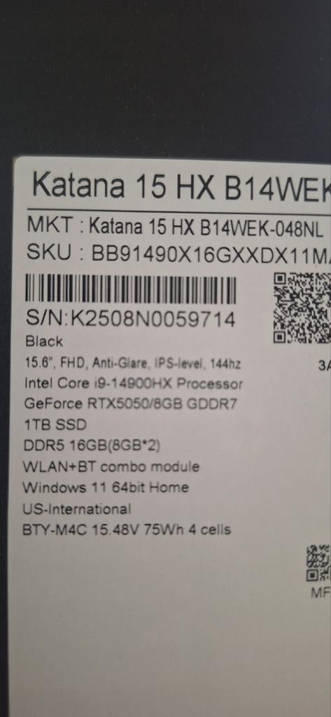 MSI KATANA Gaming  15.6" i9 14900 HX 16GB 1TB RTX 5050 8GB, Computers en Software, Windows Laptops, Met videokaart, Nieuw, Ophalen of Verzenden
