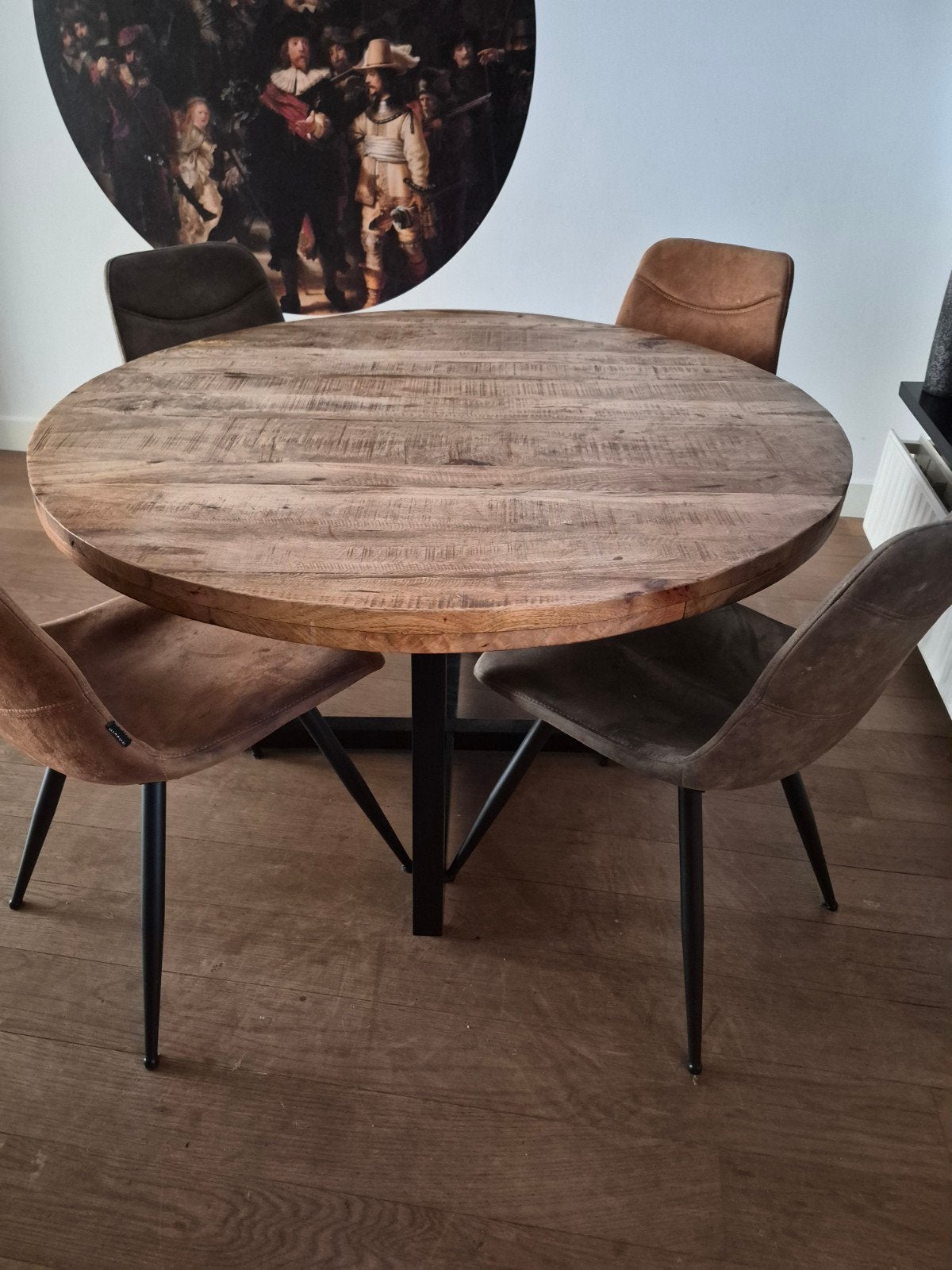 Massief mango houten eettafel met gratis stoelen, Ophalen, Gebruikt, Rond, Vier personen