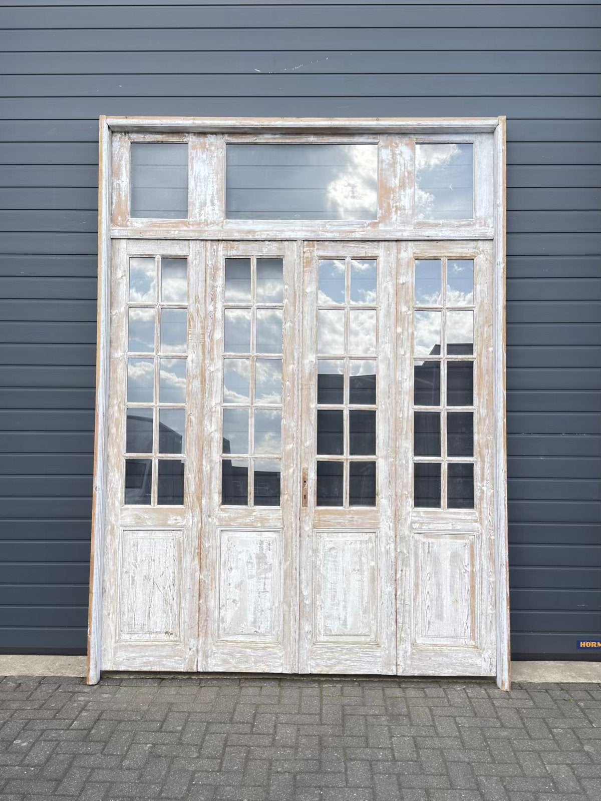 Antieke 4-slag oranjerie met bovenlicht en witte patina, Ophalen of Verzenden, Zo goed als nieuw, Hout