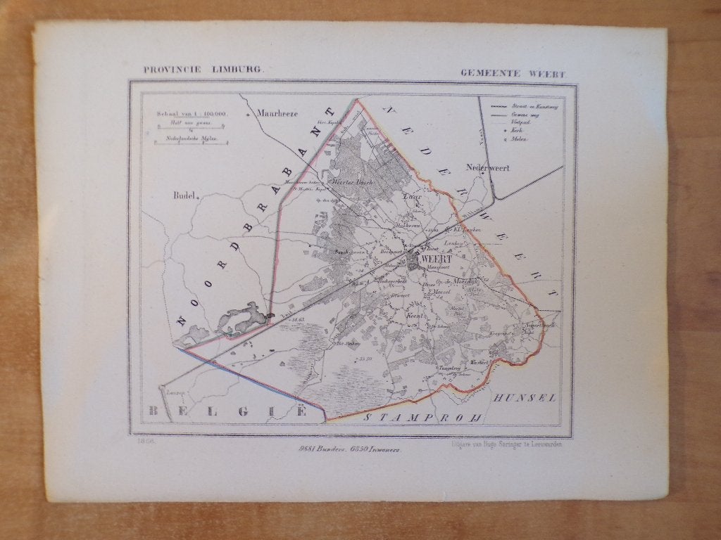 origineel Kuyperkaartje gemeente Weert, Limburg, 1866, Gelezen, Ophalen of Verzenden, Landkaart, Jacob Kuyper