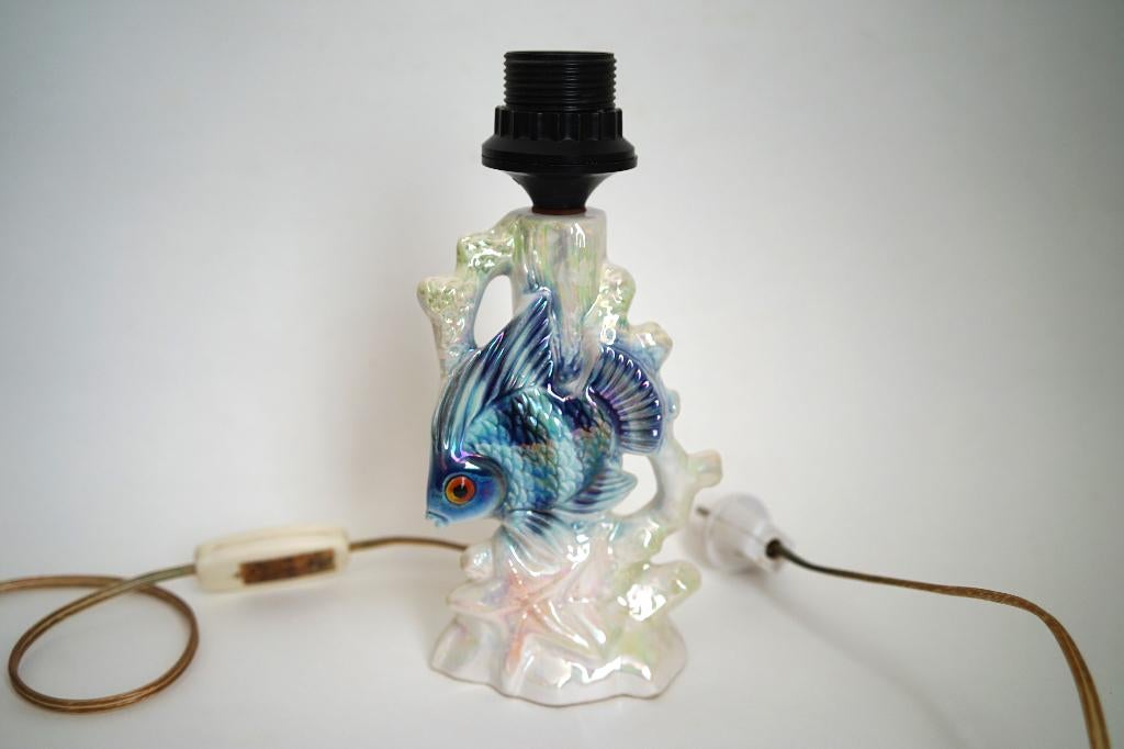 vintage tafellamp Jema vis keramiek lusterglazuur blauw wit., Gebruikt, Vintage, Ophalen of Verzenden, Overige materialen