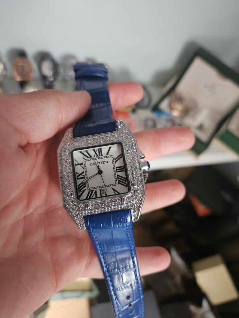 Gloednieuwe Cartier Santos Iced Out, Overige merken, Leer, Staal, Polshorloge