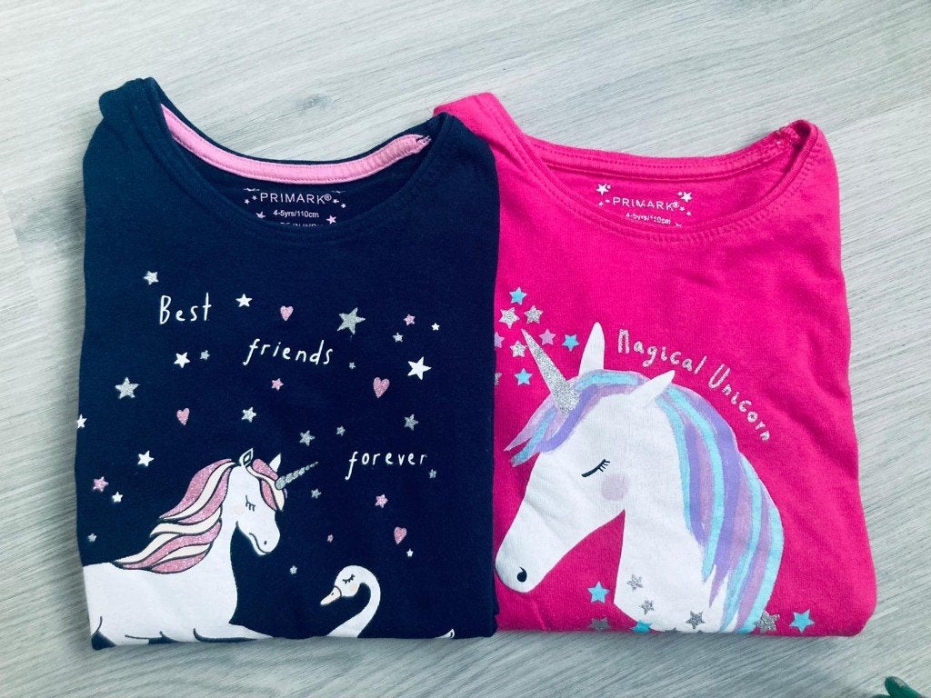 2x Meisjes unicorn shirt/tops maat 110 (4–5 jaar) lange mouw, Gebruikt, Meisje, Ophalen of Verzenden, Shirt of Longsleeve