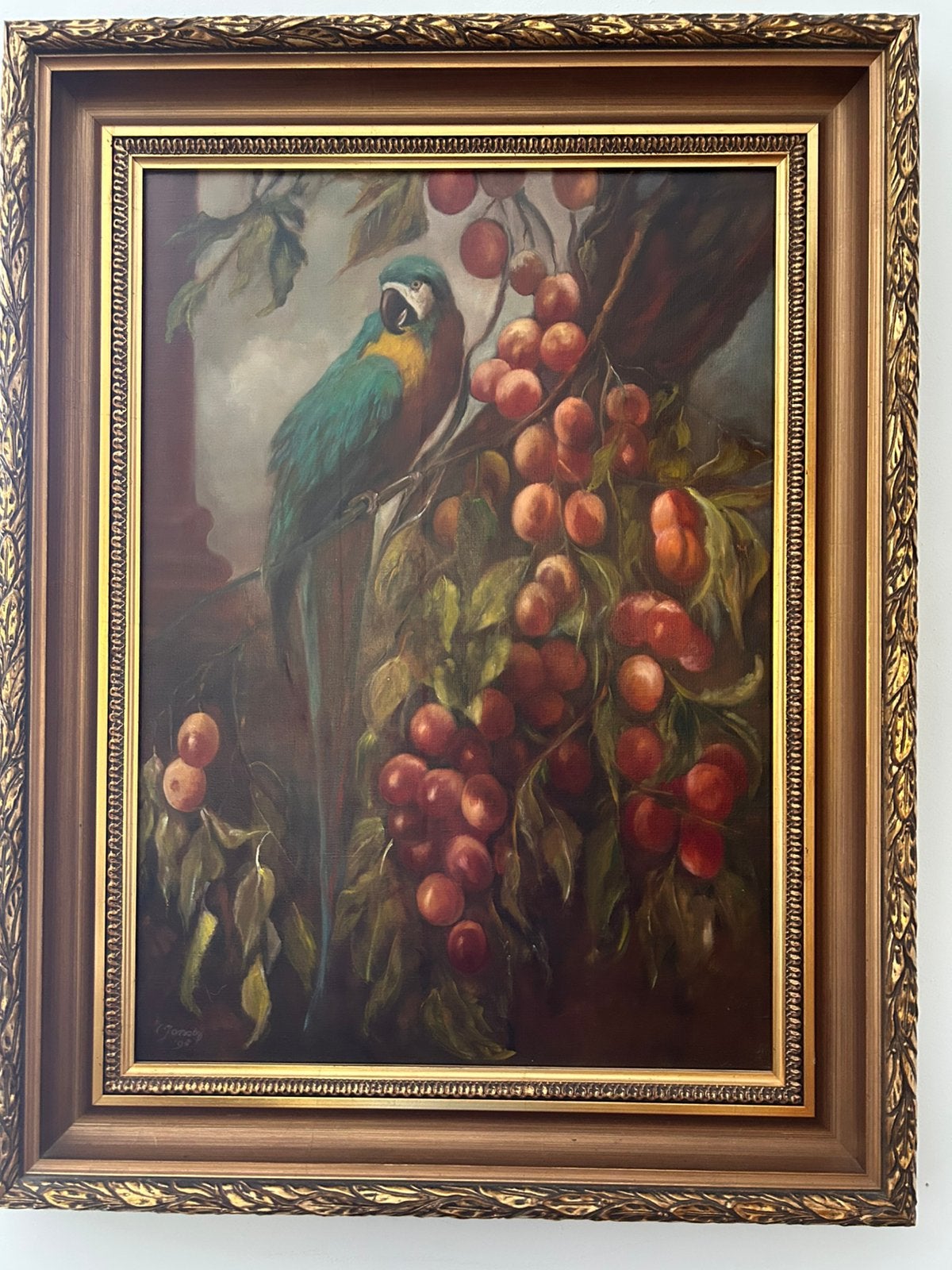 Antiek schilderij op doek “Ara met vruchten”, Ophalen, Doek, Olieverf, Klassiek