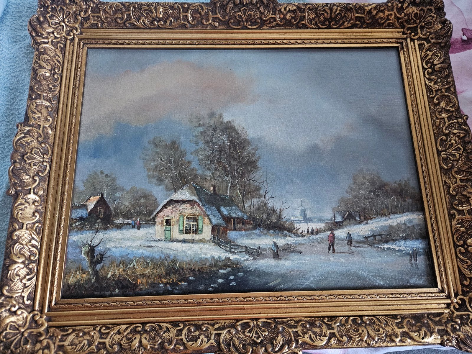 Winterlandschap met molen en schaatsers - B.H.C. Mulder, Antiek en Kunst, Ophalen
