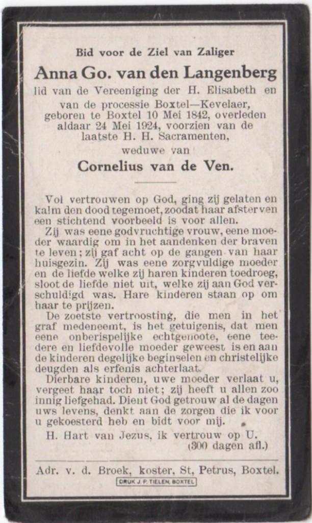 Anna G. van den Langenberg 1842 - 1924 Boxtel, 82 jaar oud, Verzamelen, Verzenden