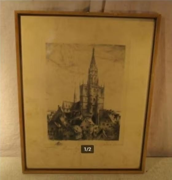 Mooie Oude Ets 'Stad met Kathedraal' - gesigneerd, Ophalen of Verzenden, Stadsgezicht, Ets, Ingelijst