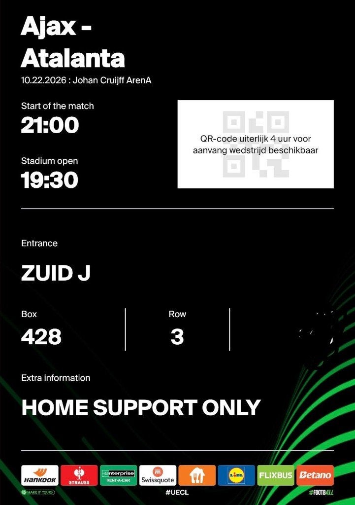 Ajax - Atalanta, Losse kaart, Eén persoon, Oktober, Europa of Champions League