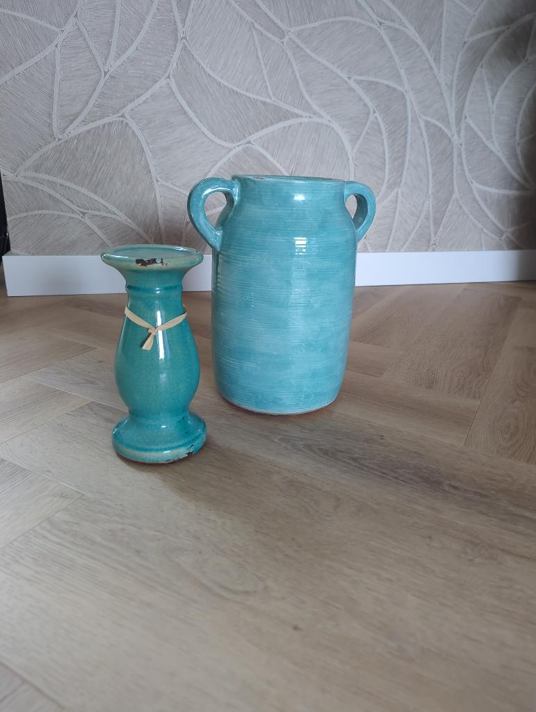 1 vaas ,1 kandelaar turquoise keramiek en grijze kruik, Huis en Inrichting, Woonaccessoires | Vazen, Ophalen, Steen, Gebruikt