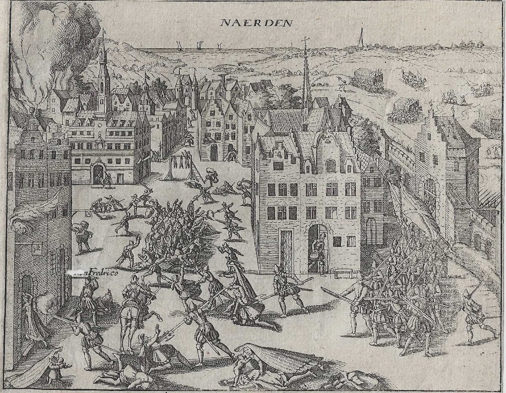 Naerden Moordpartij Naarden Spaanse troepen Don Frederik1572, Antiek en Kunst, Gravure, 13 cm, 16 cm, Blanco verso