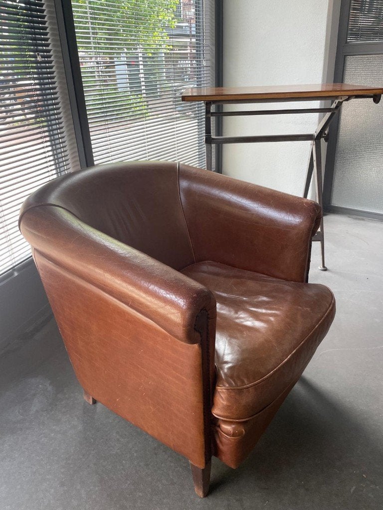 Vintage set leren clubfauteuils cognac, Ophalen, Gebruikt, 75 tot 100 cm, Leer
