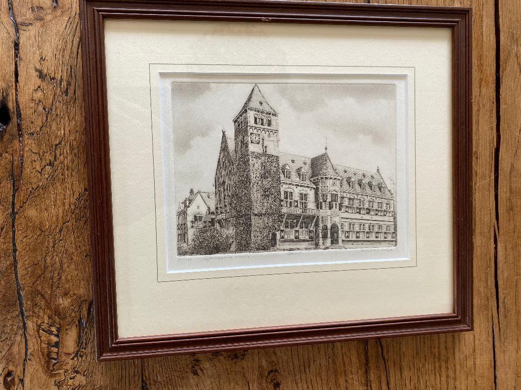 Ets van A. Wieringa Gemeentehuis Zeist, Antiek en Kunst, 26 cm, Ingelijst, Ets, Architectuur