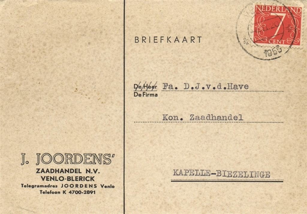J. Joordens Zaadhandel NV, Venlo-Blerick - 02.1955 - briefka, Ophalen of Verzenden, Briefkaart