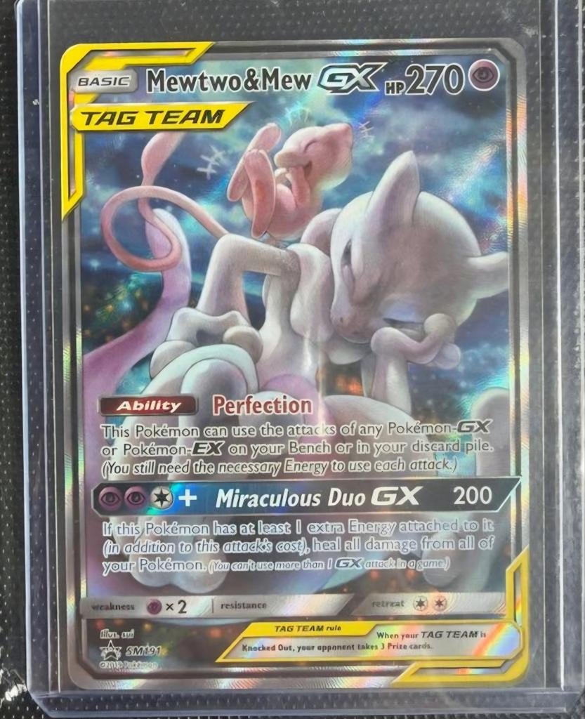 Mewtwo & Mew GX TAG TEAM Pokémon kaart SM191, Ophalen of Verzenden, Zo goed als nieuw, Losse kaart, Foil