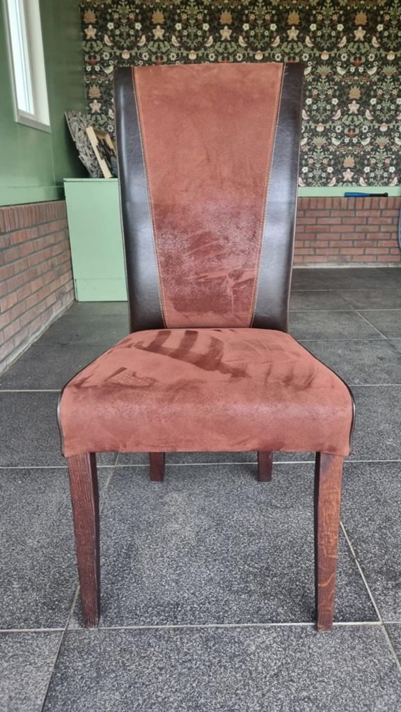 6 eetkamerstoelen leer met suede, Huis en Inrichting, Stoelen, Ophalen, Zo goed als nieuw, Bruin, Vijf, Zes of meer stoelen