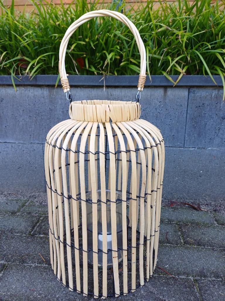 Windlicht van bamboe met glazen houder, Hout, Beige, Ophalen of Verzenden, Landelijk