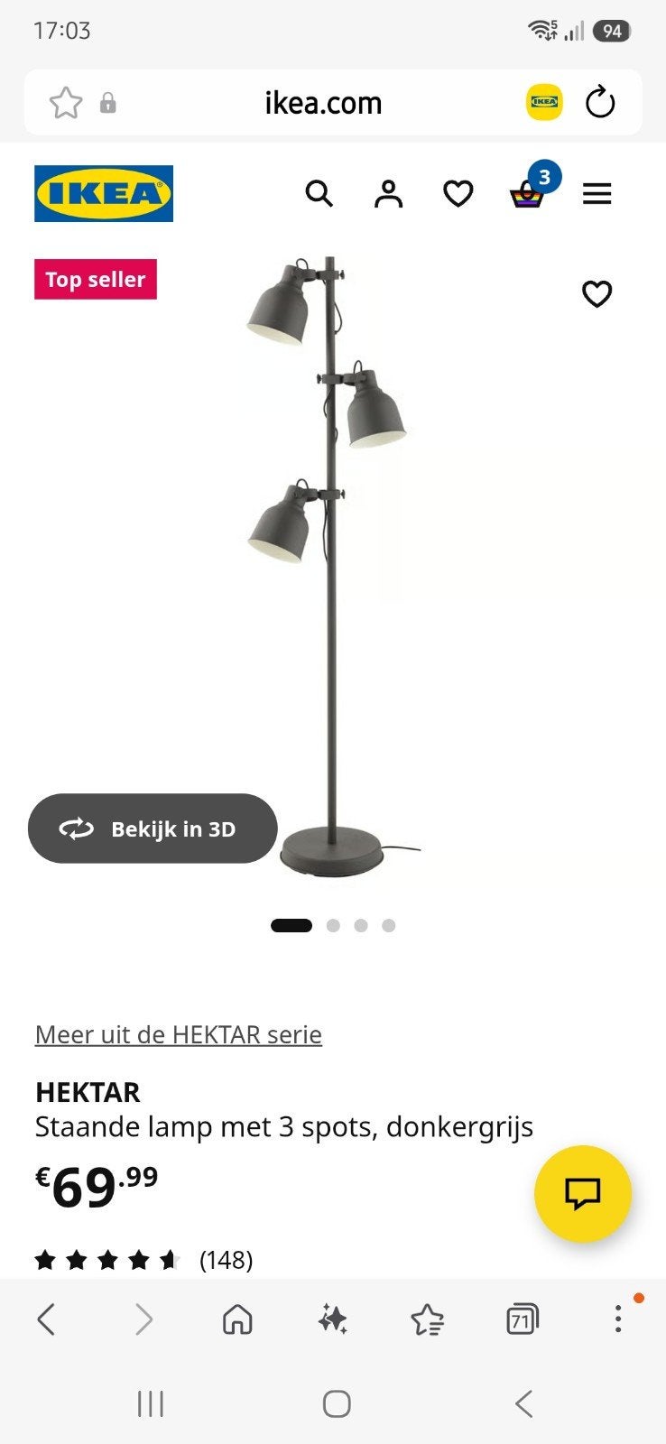 Ikea staande lamp hektar, Huis en Inrichting, Lampen | Vloerlampen, Ophalen, Zo goed als nieuw, 150 tot 200 cm