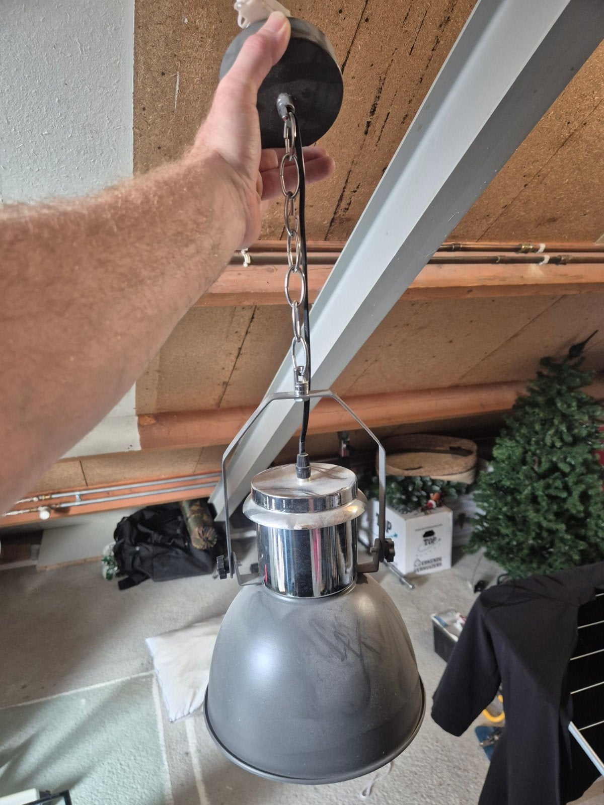Industriële hanglamp - Grijs metaal, Ophalen, Gebruikt, E27 (groot), Metaal