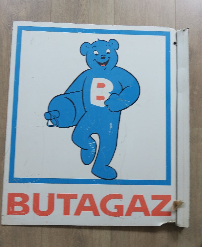 Oud reclamebord BUTAGAZ met vrolijke beer, Verzenden, Gebruikt, Reclamebord