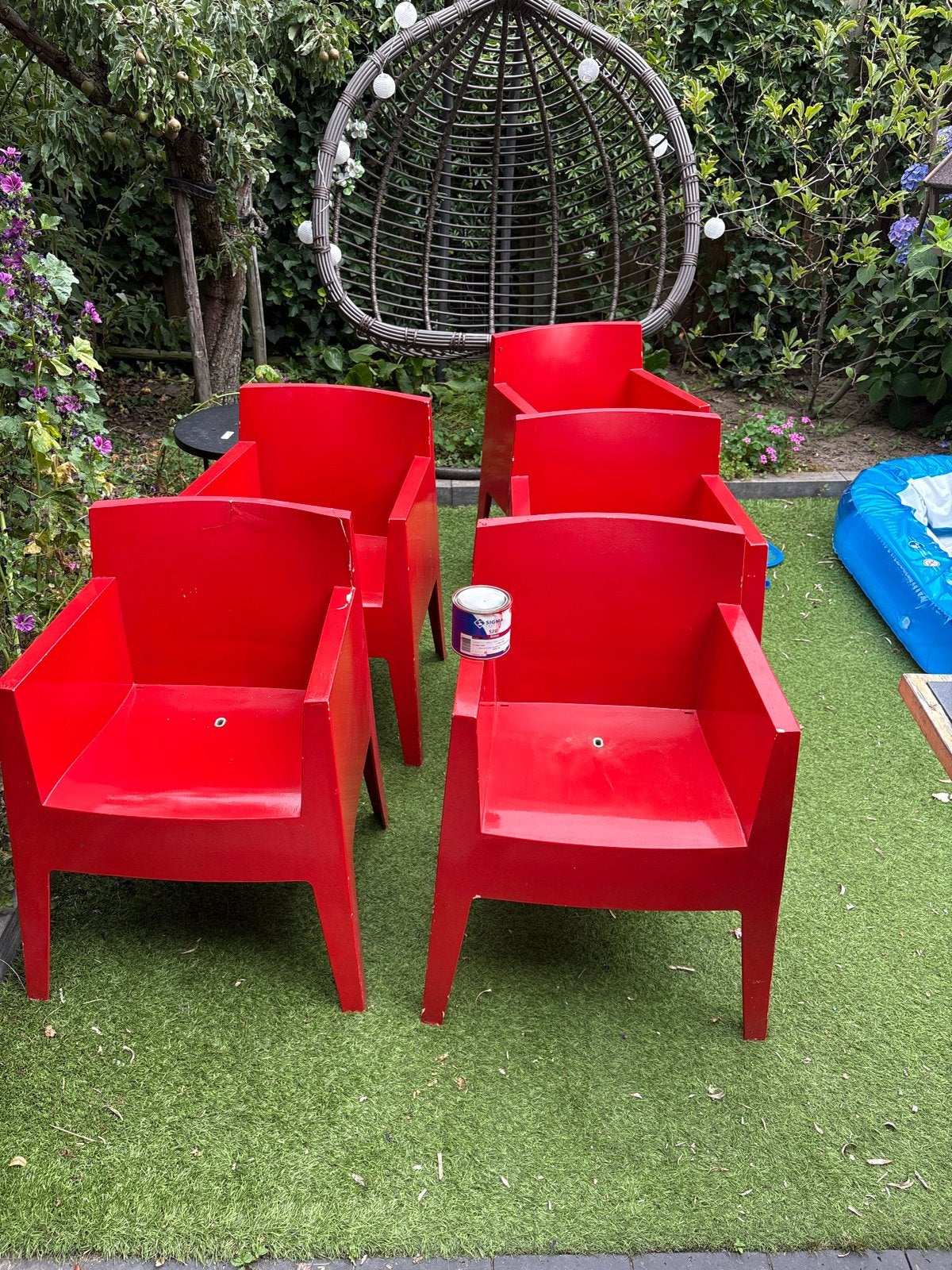 4x Philippe Starck Driade Toy Design tuinstoelen rood, Ophalen, Gebruikt, Kunststof, Stapelbaar