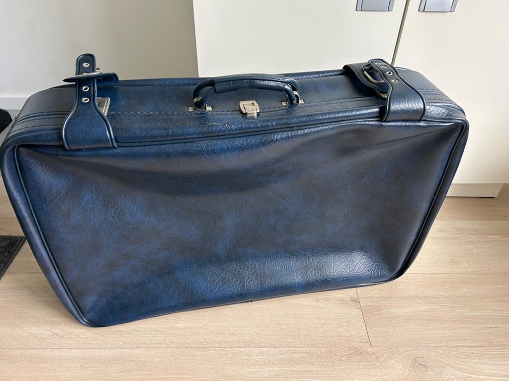 Blauw leren koffer, vintage, Gebruikt, 45 tot 55 cm, Slot, Leer