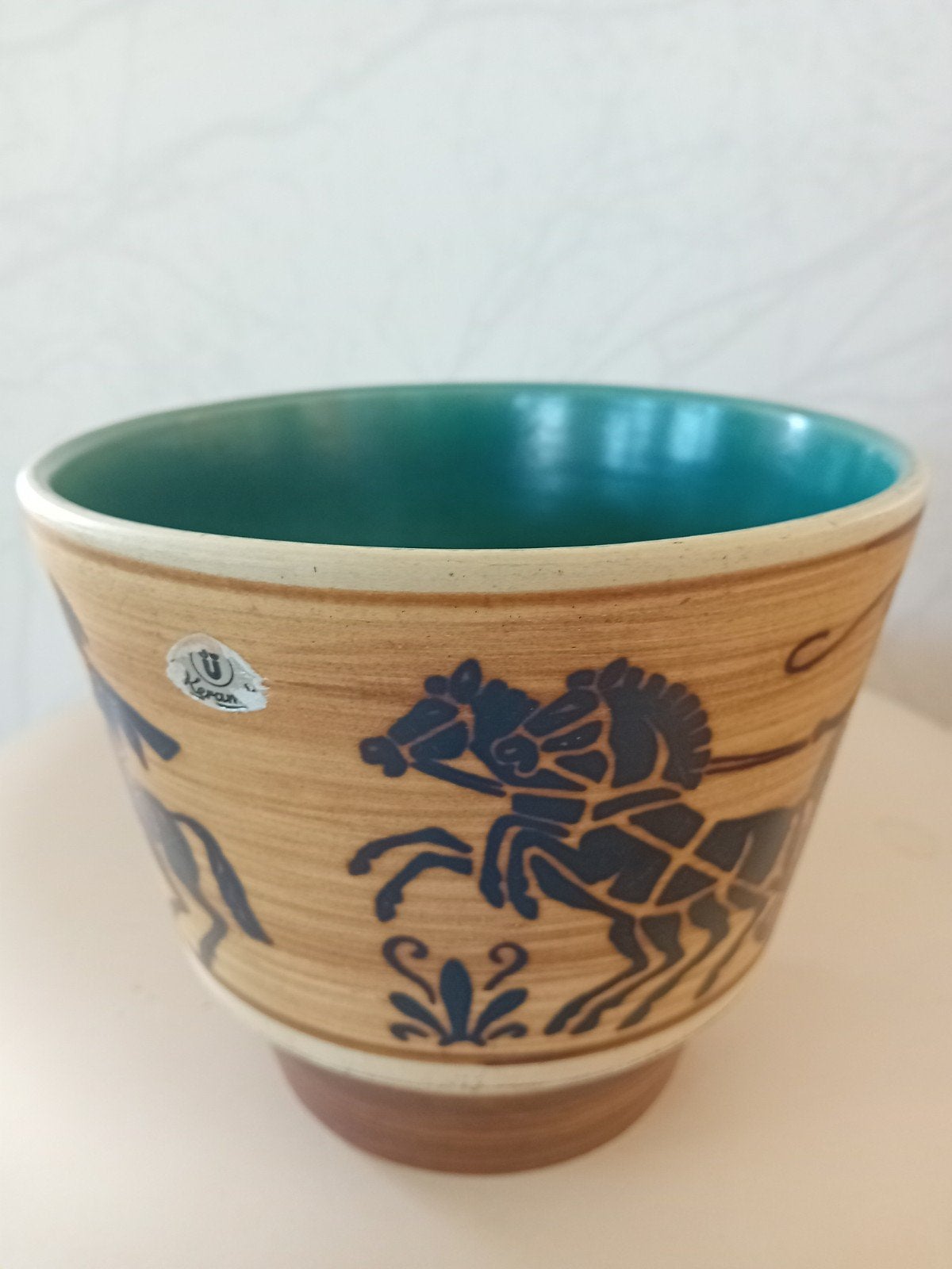 Vintage Keran bloempot met Grieks strijdwagen decor, Ophalen of Verzenden