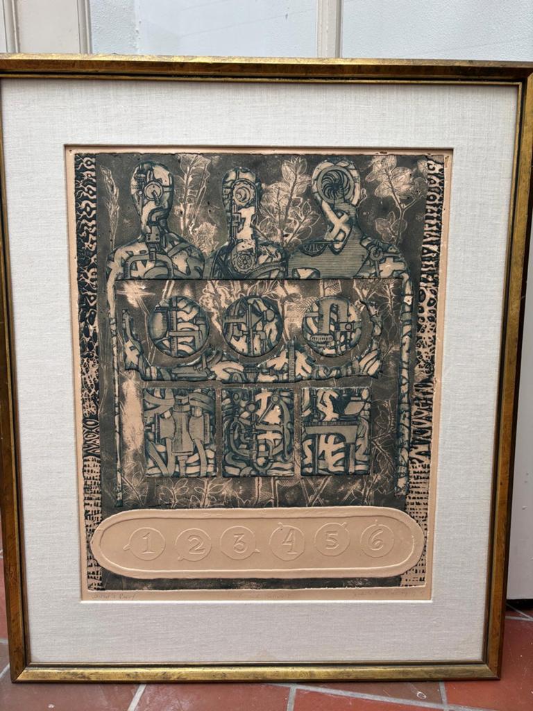 Abstracte Ets met Mensfiguren en Nummers, Ingelijst, Antiek en Kunst, Kunst | Etsen en Gravures, Ophalen of Verzenden, Ets, Ingelijst