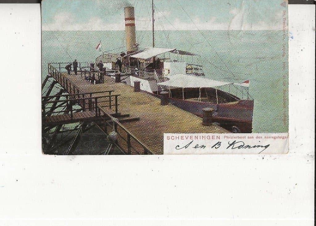 Scheveningen Plezierboot aan aanlegsteiger Pier 1904, Ophalen of Verzenden, Voor 1920, Gelopen, Zuid-Holland