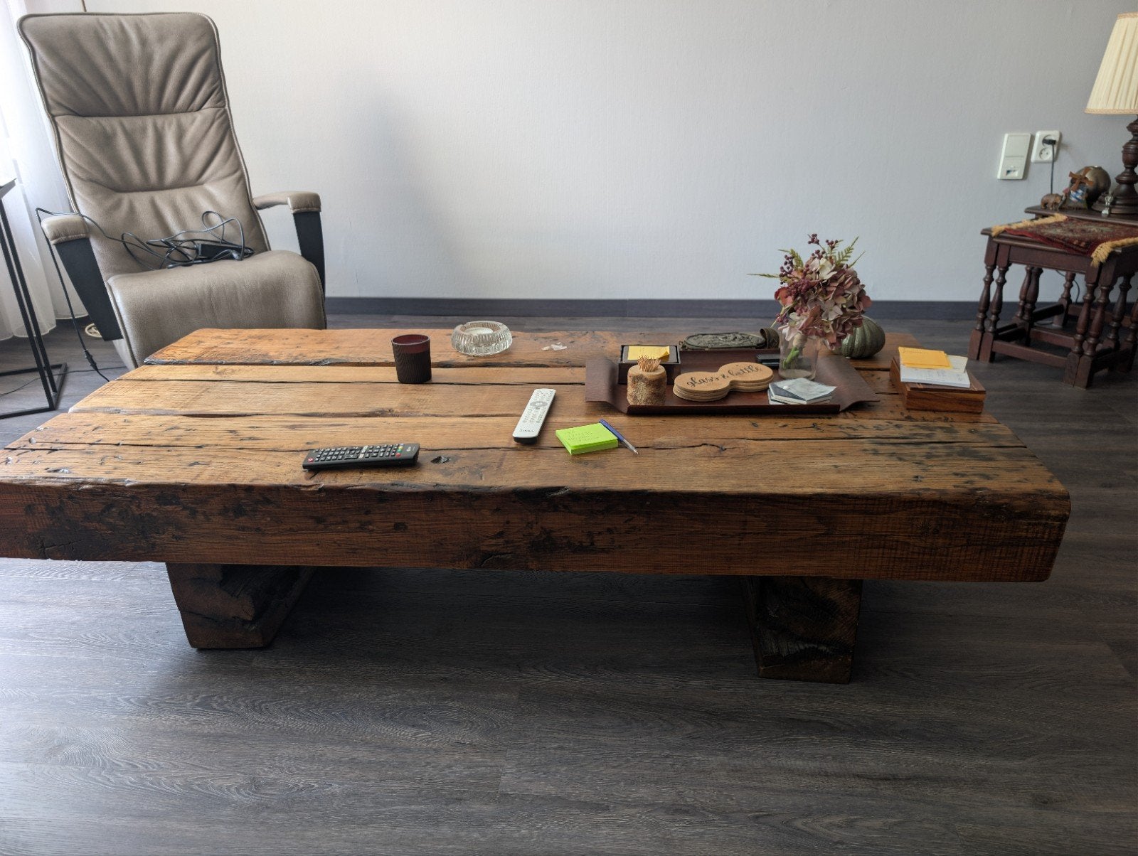 Robuuste salontafel gemaakt van bielzen., Ophalen, Gebruikt, 100 tot 150 cm, Landelijke, robuuste stijl