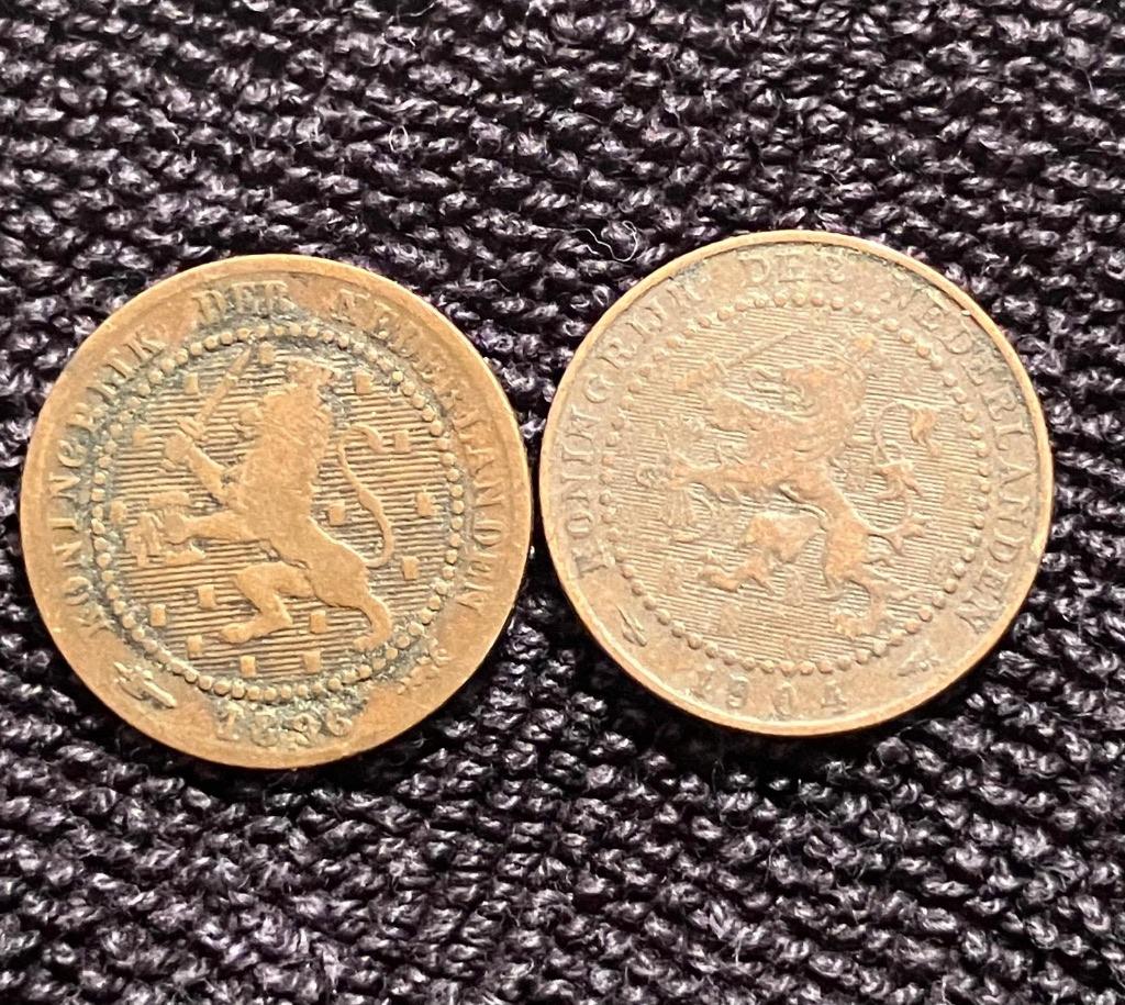 Nederlandse 1 cent munten, 1896 en 1904 Wilhelmina., Postzegels en Munten, Munten | Nederland, Ophalen of Verzenden, Koningin Wilhelmina
