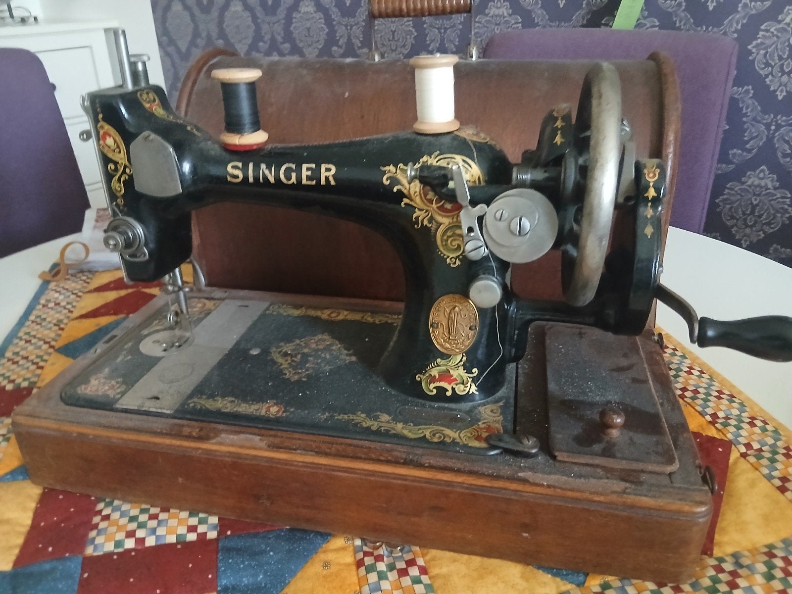 Antieke Singer Naaimachine met Houten Koffer, Antiek en Kunst, Antiek | Naaimachines, Ophalen of Verzenden