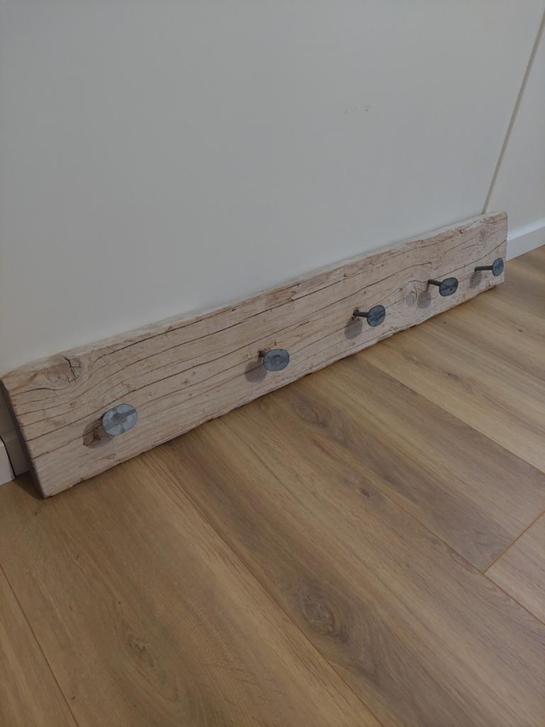 Kapstok van dik steigerhout met 5 metalen haken, Gebruikt, 100 tot 150 cm, Hout, Ophalen
