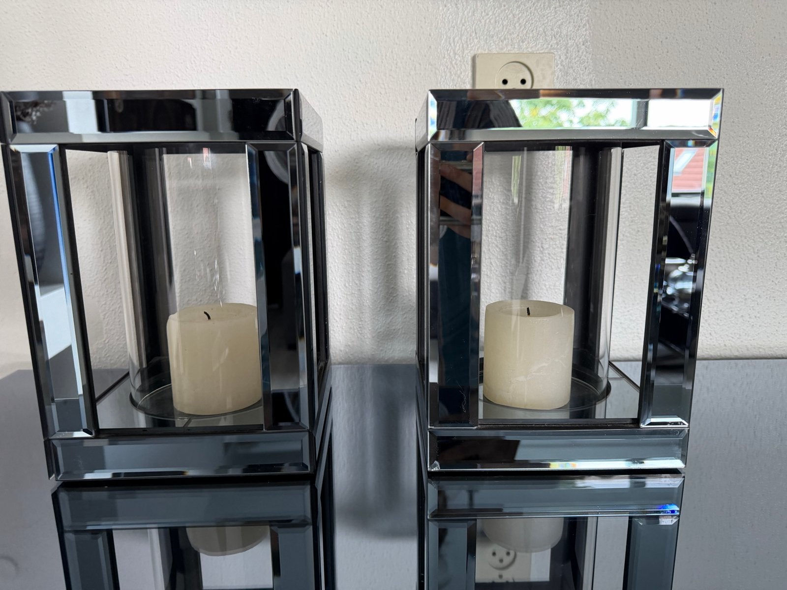 Set van 2 decoratieve kaarshouders / windlichten, Zwart, Ophalen of Verzenden, Zo goed als nieuw, Metaal