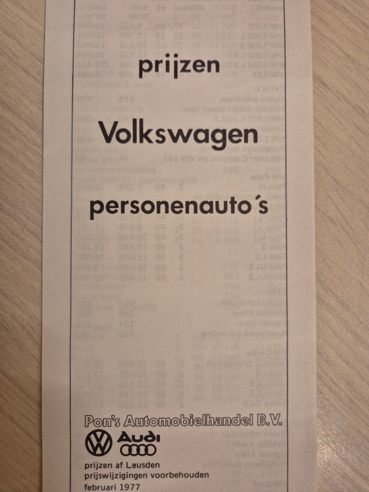 1977 Nederlands Volkswagen prijslijst 181 jeep Golf Scirocco, Ophalen of Verzenden, Zo goed als nieuw, Volkswagen