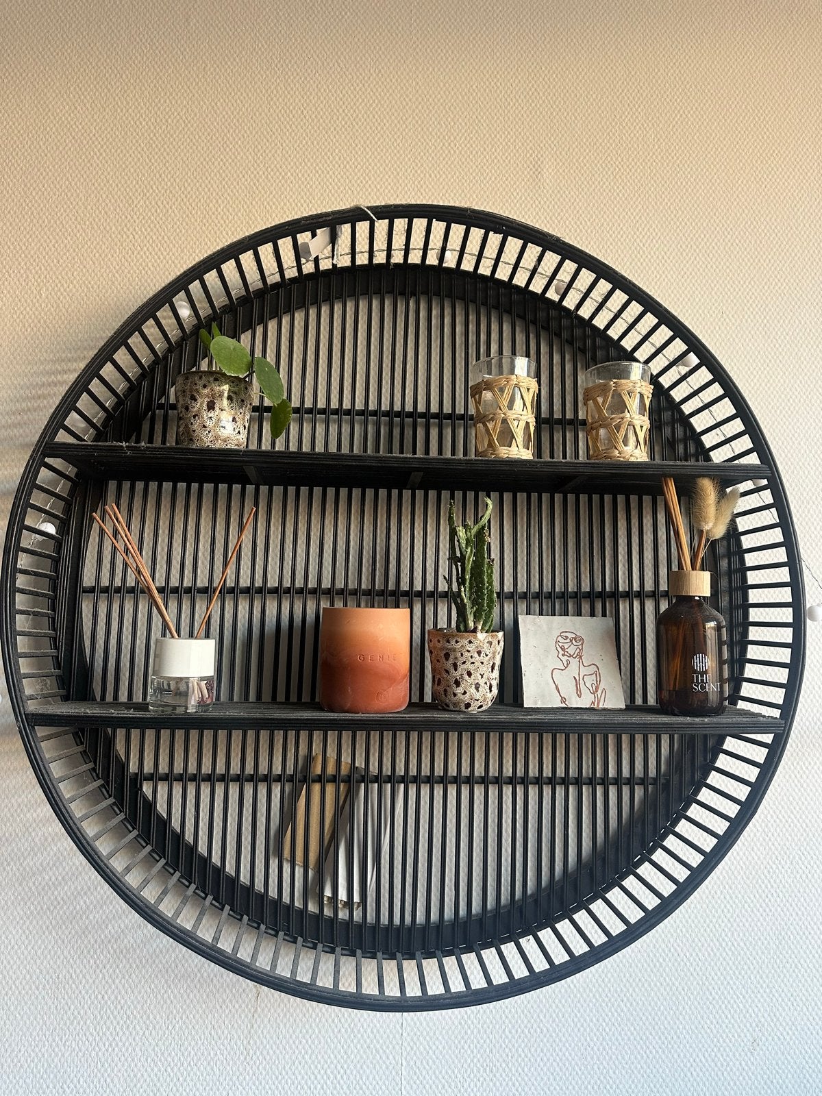 Rond wandrek van bamboe/rotan, zwart, Huis en Inrichting, Woonaccessoires | Wandplanken en Boekenplanken, Ophalen, Gebruikt