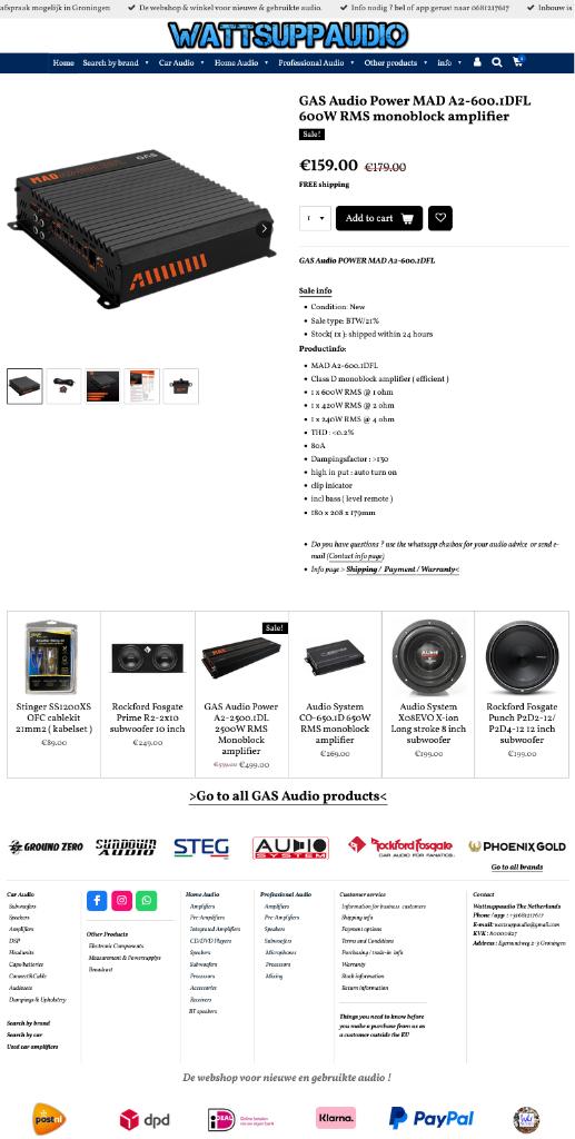 GAS Audio Power MAD A2-600.1DFL 600WRMS Monoblok versterker, Info@optimount.nl, Nieuw, Ophalen of Verzenden, Anholtseweg 48A 7091 HB DINXPERLO
