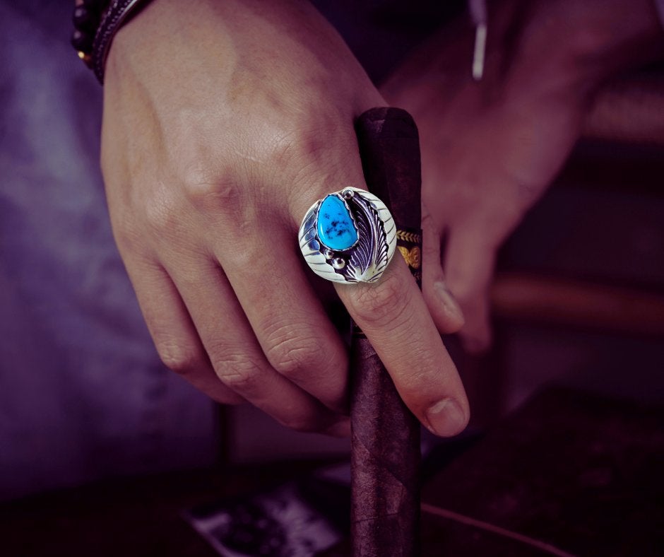 Grote NAVAJO zilver turquoise prayer fan ring M22/22,5!, 20 of groter, Verzenden, Heer, Zo goed als nieuw