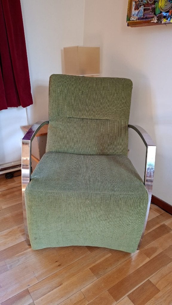 mooie retro fauteuil – groene stof – chromen frame, Ophalen, 75 tot 100 cm, Zo goed als nieuw, Metaal
