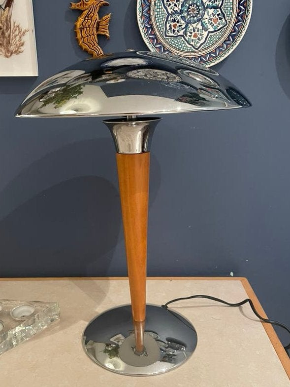 Vintage Space Age Design Tafellamp 'Eclipse'  (Jaren 80), Ophalen of Verzenden, Gebruikt, Hout, Design