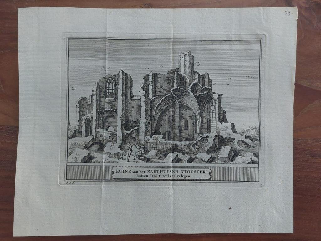 29 Ruine Karthuiser Klooster Delft - Orig. Gravure uit 1736, Ophalen of Verzenden