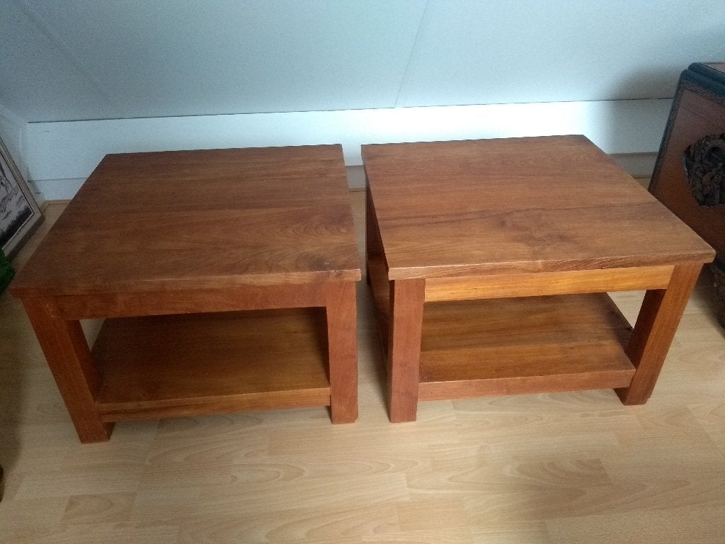 2 teakhouten salon bijzettafels, Huis en Inrichting, Tafels | Bijzettafels, Ophalen, Vierkant, Minder dan 55 cm, 45 tot 60 cm