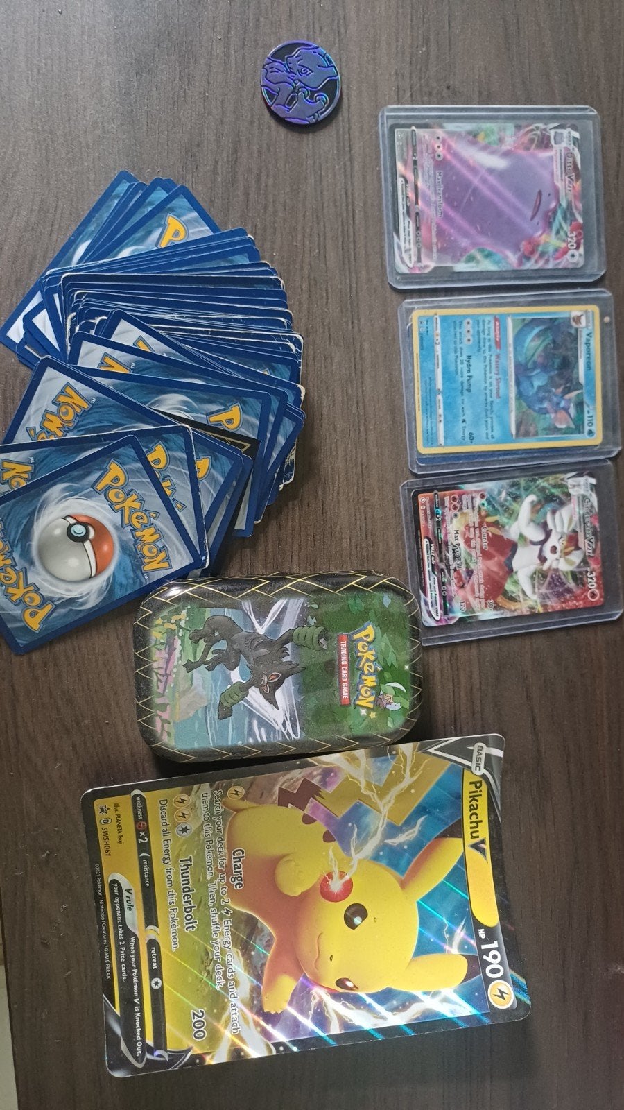pokemon kaarten  + munt + bakje, Ophalen, Gebruikt, Meerdere kaarten, Foil