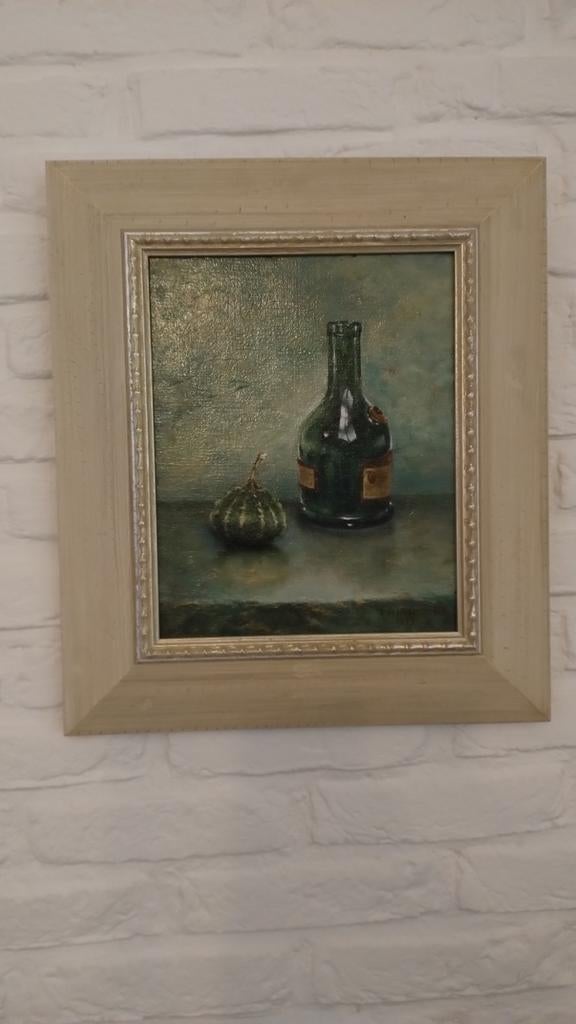 Stilleven schilderij met fles en pompoen - TH Hendrikx, Antiek en Kunst, Kunst | Schilderijen | Klassiek, Ophalen of Verzenden
