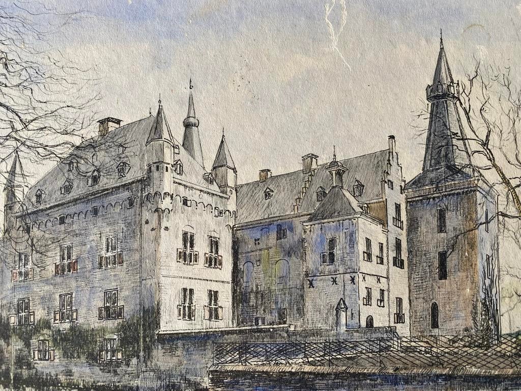 Kasteel Doorwerth ingekleurde pentekening uit 1882, Antiek en Kunst, Ophalen