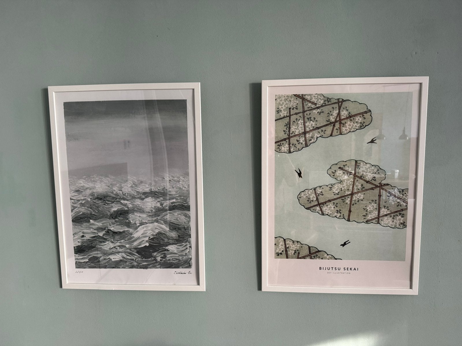 3x Posters in witte lijst - Japanse stijl en golven, Ophalen, 50 – 75, Minder dan 50 cm, Zo goed als nieuw