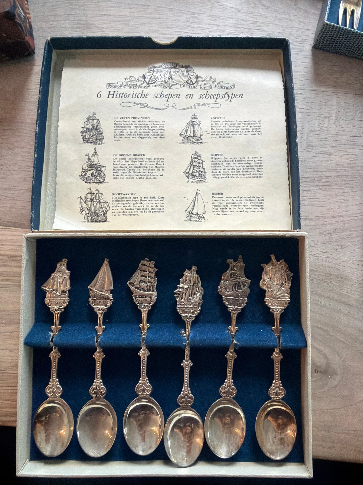 Set van 6 verzilverde theelepels met historische schepen, Antiek en Kunst, Ophalen of Verzenden