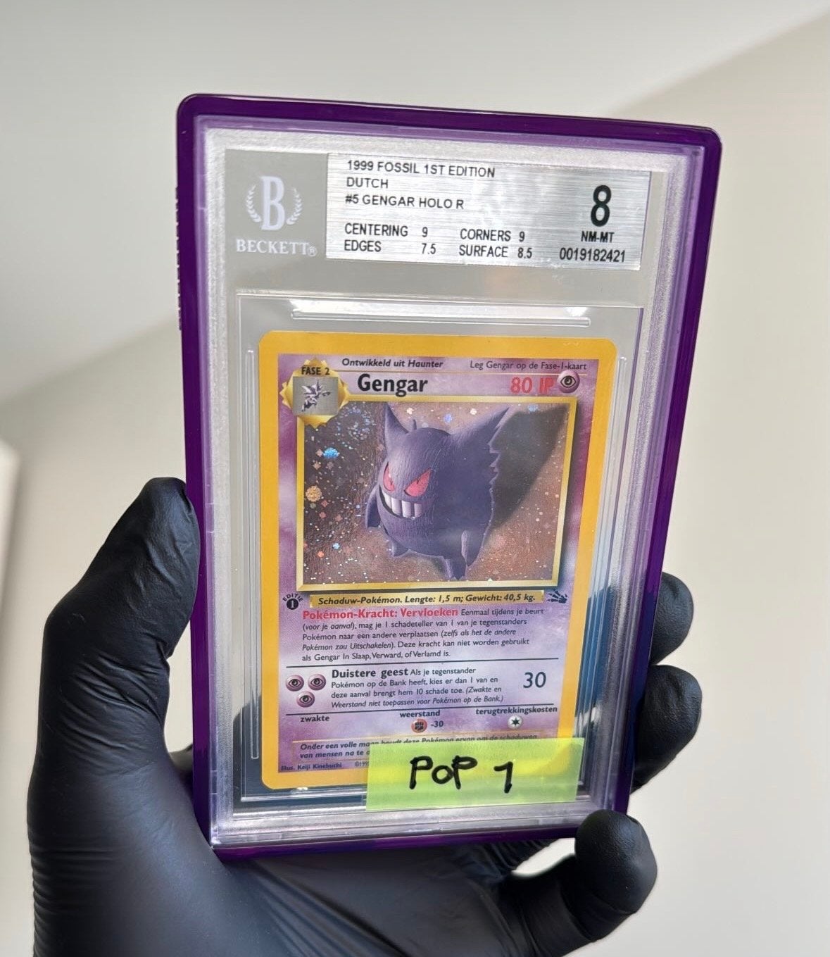 Gengar Holo R 1999 Fossil 1st Edition BGS 8 NM-MT, Ophalen of Verzenden, Zo goed als nieuw, Losse kaart